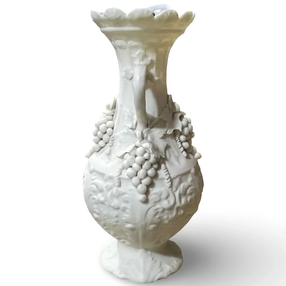 White Parian Ware Amphora Vase 8.5” Grape Design